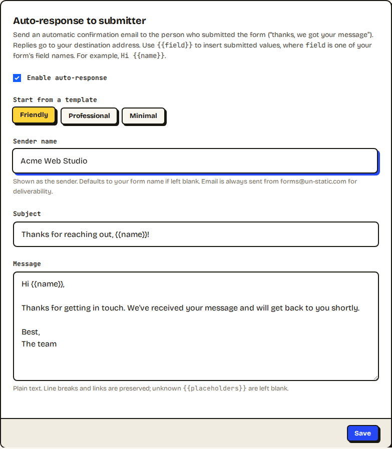 A completed auto-response card: enabled, Friendly template selected, with subject, message, and sender name filled in