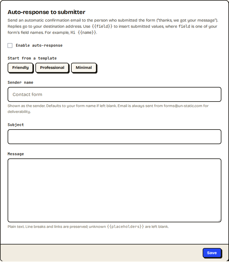 Starter templates in the auto-response card