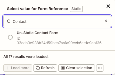 The Form Reference picker in the Configure tab, listing each form by title with its reference underneath