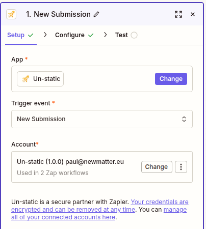 The trigger step after setup: the Un-static app, the New Submission trigger event and a connected account