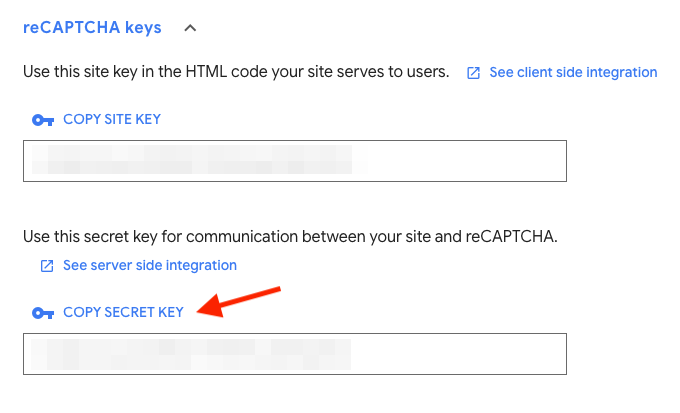 Screenshot of reCAPTCHA Site Key and Secret Key fields